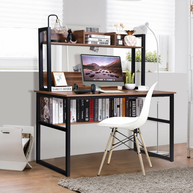 Storage Writing Desk Computer Desk with Hutch & Bookshelf-Walnut