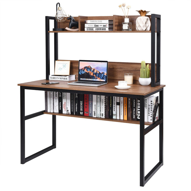 Storage Writing Desk Computer Desk with Hutch & Bookshelf-Walnut