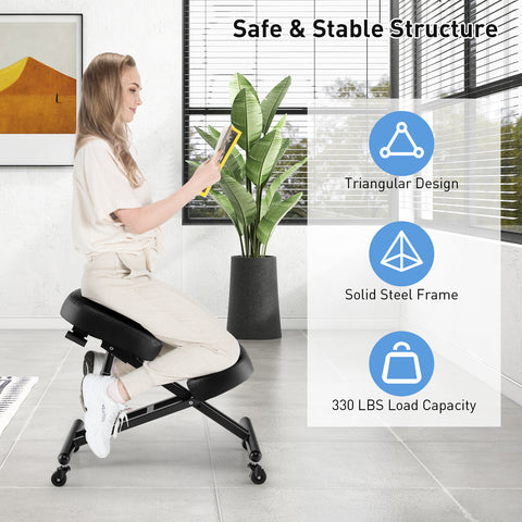 Adjustable Ergonomic Kneeling Chair with Upgraded Gas Spring Rod and Thick Foam Cushions-Black