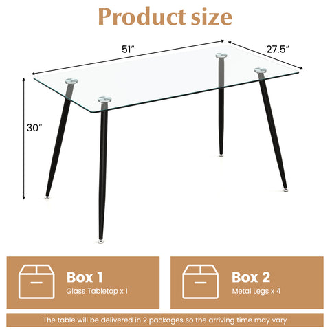 Modern Glass Rectangular Dining Table with Metal Legs-Black