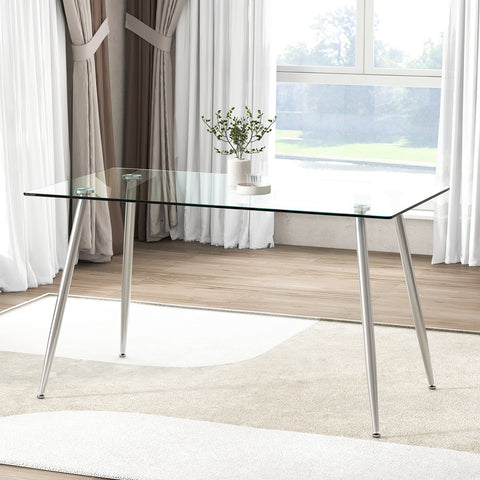 Modern Glass Rectangular Dining Table with Metal Legs-Silver