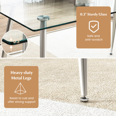 Modern Glass Rectangular Dining Table with Metal Legs-Silver