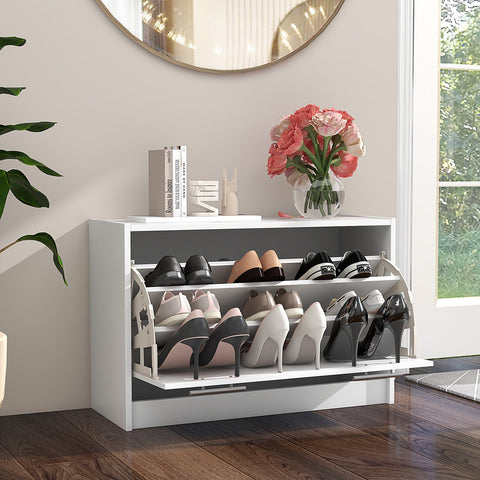 Shoe Storage Cupboard Organizer with Top Display and Flip Drawer-White