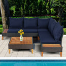 4 Pieces Patio Cushioned Rattan Furniture Set with Wooden Side Table-Navy