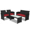 4 Pieces Rattan Patio Furniture Set with Weather Resistant Cushions and Tempered Glass Tabletop-Red