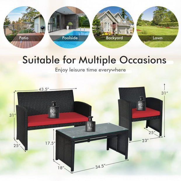 4 Pieces Patio Rattan Cushioned Furniture Set-Red