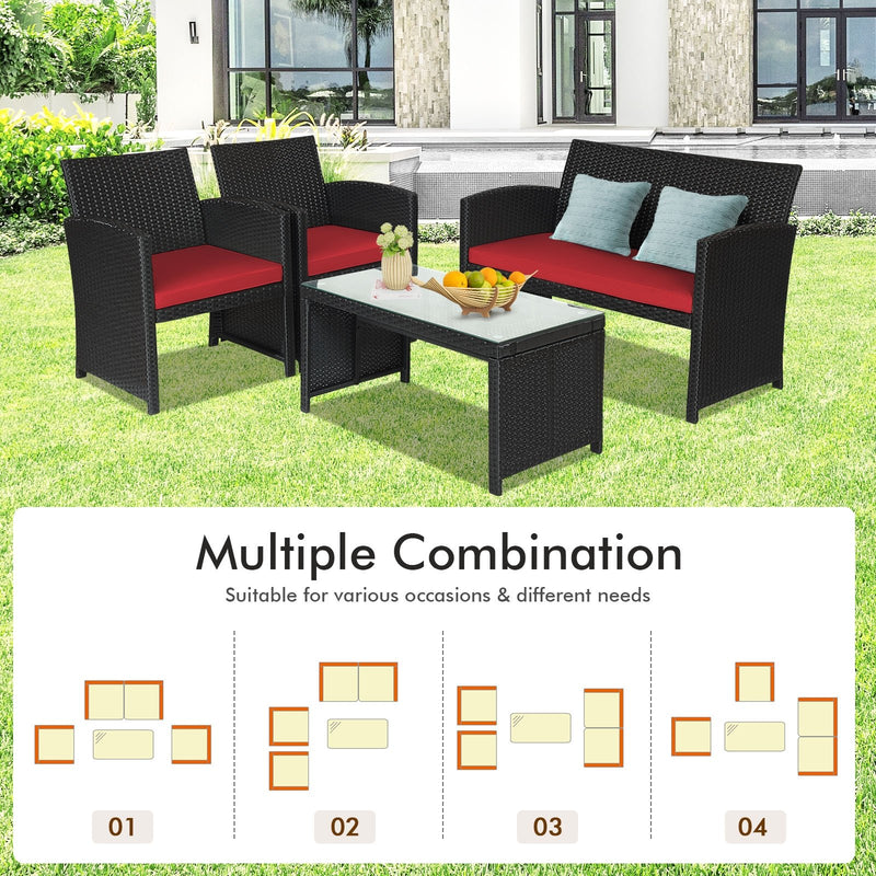 4 Pieces Rattan Patio Furniture Set with Weather Resistant Cushions and Tempered Glass Tabletop-Red