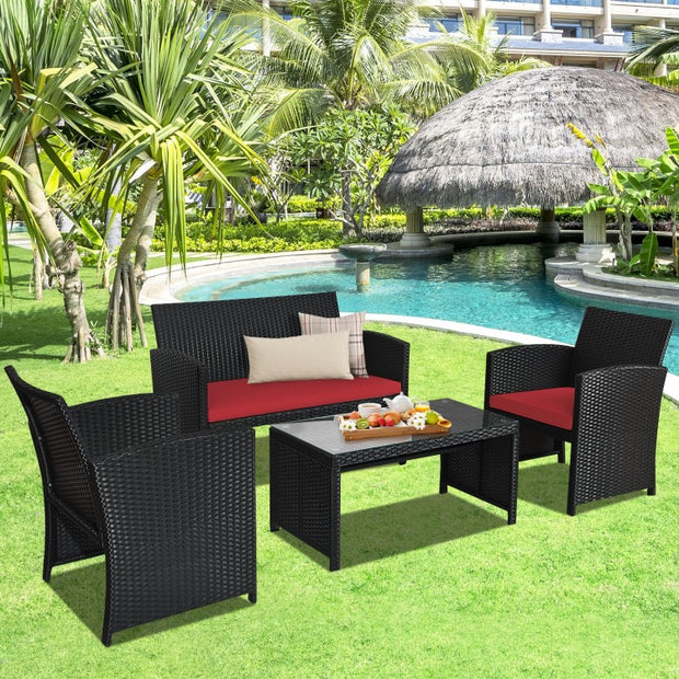 4 Pieces Patio Rattan Cushioned Furniture Set-Red