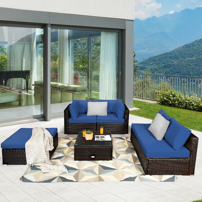 6 Pieces Outdoor Patio Rattan Furniture Set Sofa Ottoman