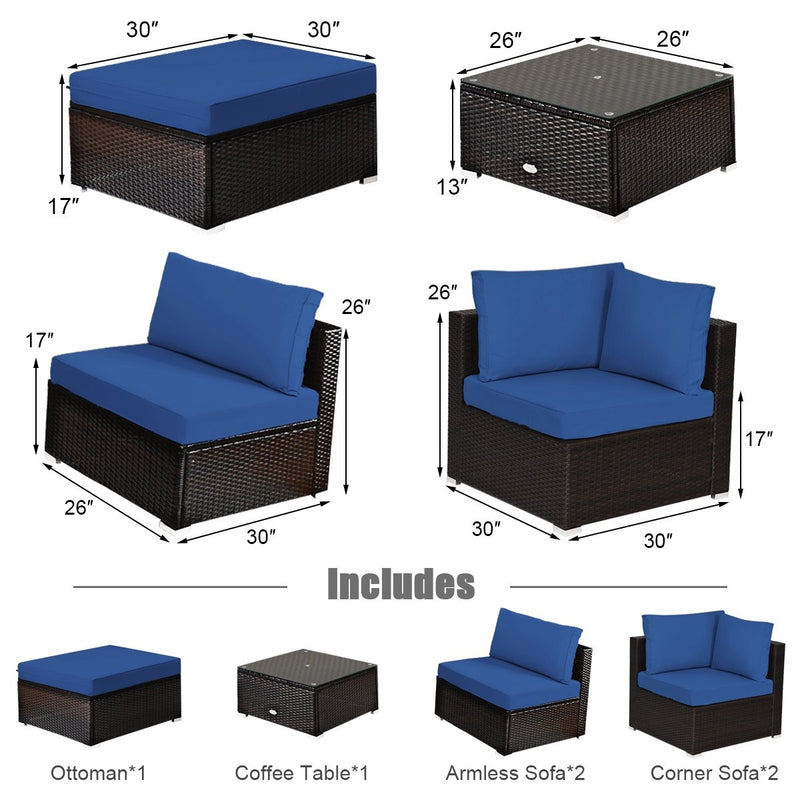 6 Pieces Outdoor Patio Rattan Furniture Set Sofa Ottoman