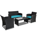 4 Pieces Rattan Patio Furniture Set with Weather Resistant Cushions and Tempered Glass Tabletop-Turquoise