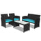 4 Pieces Rattan Patio Furniture Set with Weather Resistant Cushions and Tempered Glass Tabletop-Turquoise