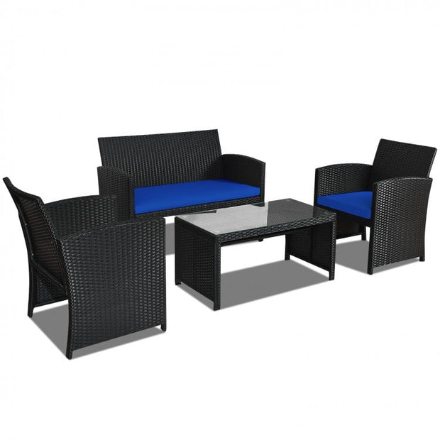 4Pcs Patio Rattan Cushioned Furniture Set-Navy