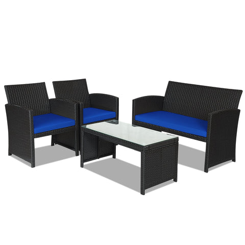 4 Pieces Rattan Patio Furniture Set with Weather Resistant Cushions and Tempered Glass Tabletop-Navy