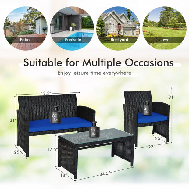 4Pcs Patio Rattan Cushioned Furniture Set-Navy