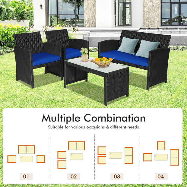 4 Pieces Rattan Patio Furniture Set with Weather Resistant Cushions and Tempered Glass Tabletop-Navy