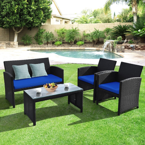 4 Pieces Rattan Patio Furniture Set with Weather Resistant Cushions and Tempered Glass Tabletop-Navy