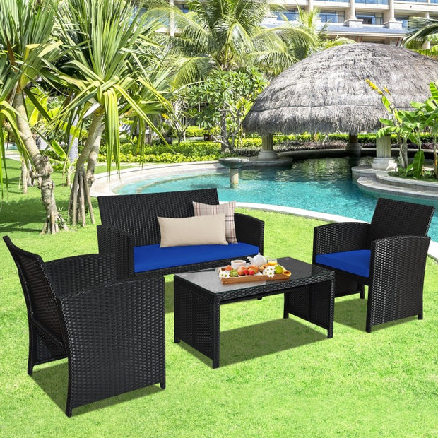 4Pcs Patio Rattan Cushioned Furniture Set-Navy