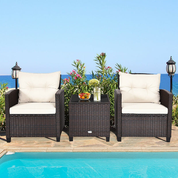 3 Pieces Cushioned Rattan Patio Conversation Set with Coffee Table-White