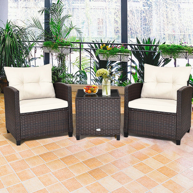 3 Pieces Cushioned Rattan Patio Conversation Set with Coffee Table-White