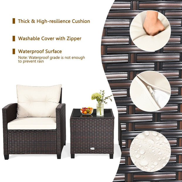 3 Pieces Cushioned Rattan Patio Conversation Set with Coffee Table-White