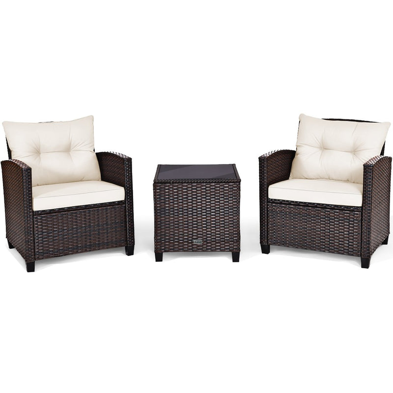 3 Pieces Cushioned Rattan Patio Conversation Set with Coffee Table-White