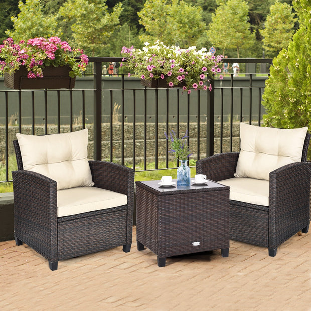 3 Pieces Cushioned Rattan Patio Conversation Set with Coffee Table-Beige