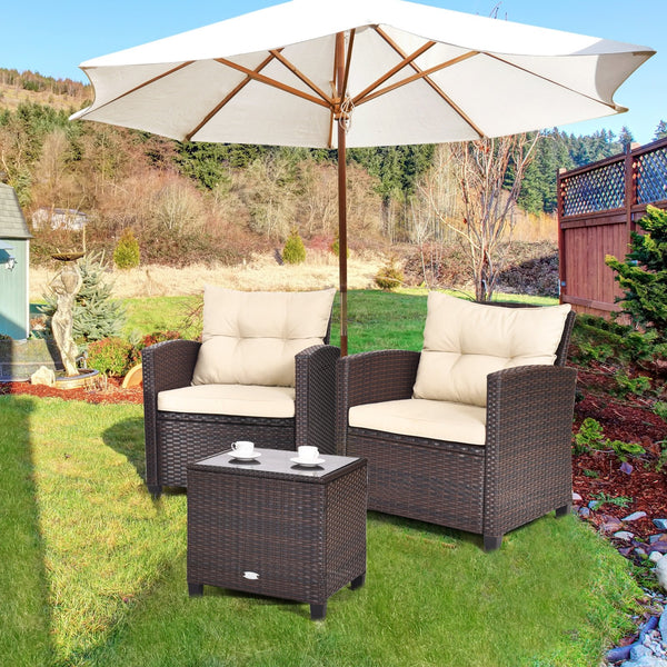 3 Pieces Cushioned Rattan Patio Conversation Set with Coffee Table-Beige