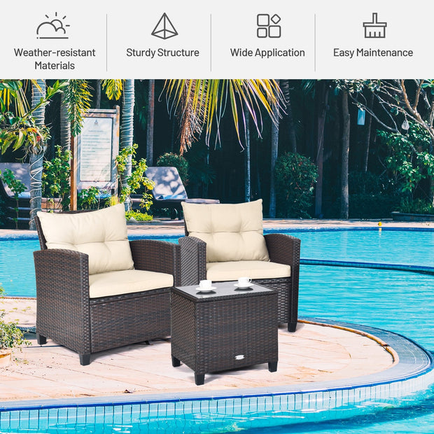 3 Pieces Cushioned Rattan Patio Conversation Set with Coffee Table-Beige