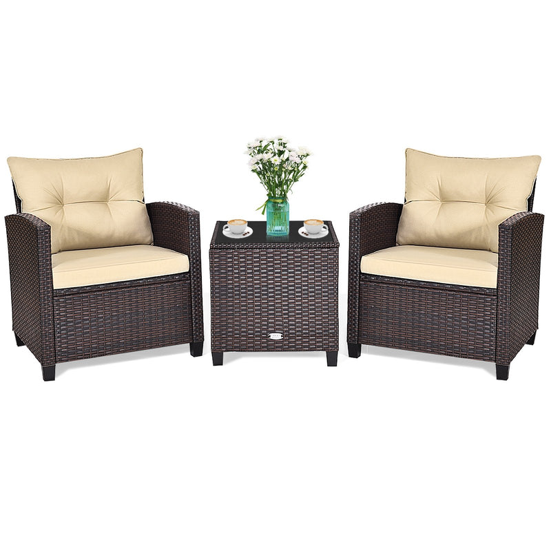 3 Pieces Cushioned Rattan Patio Conversation Set with Coffee Table-Beige