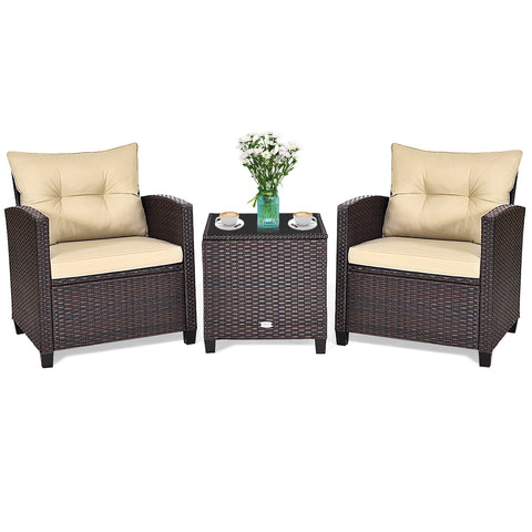 3 Pieces Cushioned Rattan Patio Conversation Set with Coffee Table-Beige