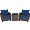 3 Pieces Cushioned Rattan Patio Conversation Set with Coffee Table-Navy