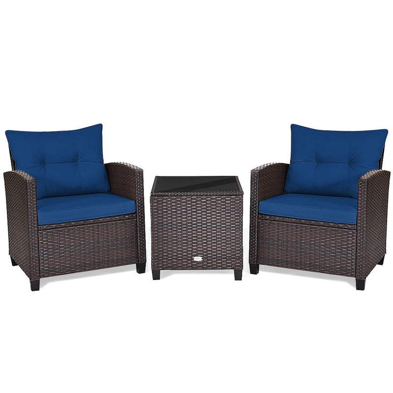 3 Pieces Cushioned Rattan Patio Conversation Set with Coffee Table-Navy