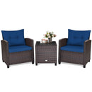 3 Pieces Cushioned Rattan Patio Conversation Set with Coffee Table-Navy