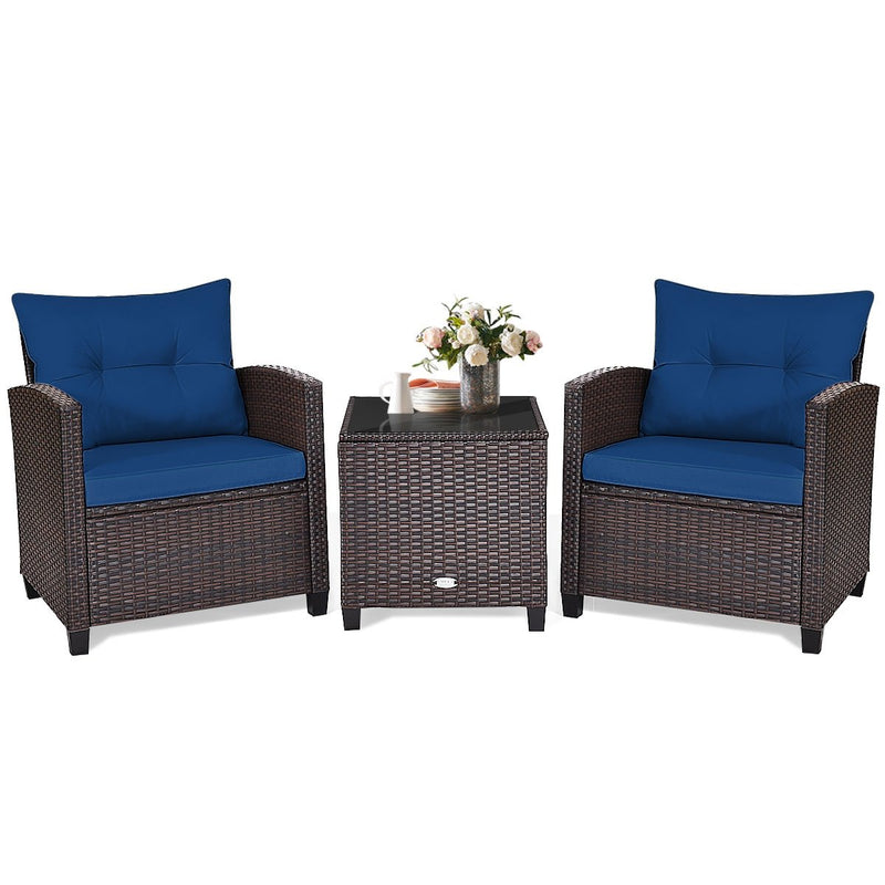 3 Pieces Cushioned Rattan Patio Conversation Set with Coffee Table-Navy