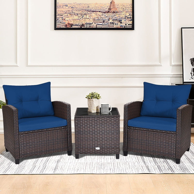 3 Pieces Cushioned Rattan Patio Conversation Set with Coffee Table-Navy