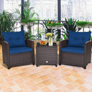 3 Pieces Cushioned Rattan Patio Conversation Set with Coffee Table-Navy