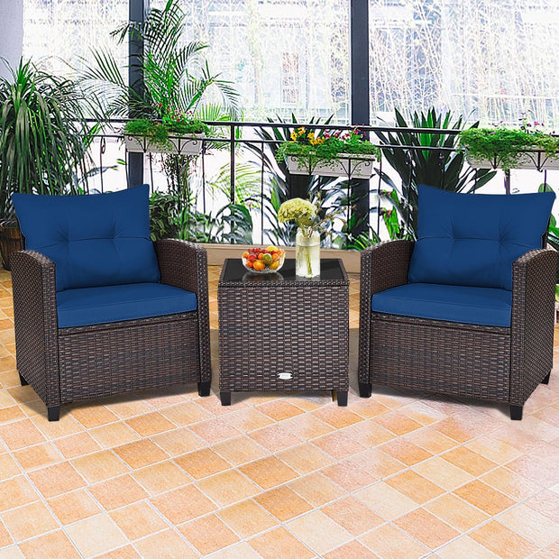 3 Pieces Cushioned Rattan Patio Conversation Set with Coffee Table-Navy