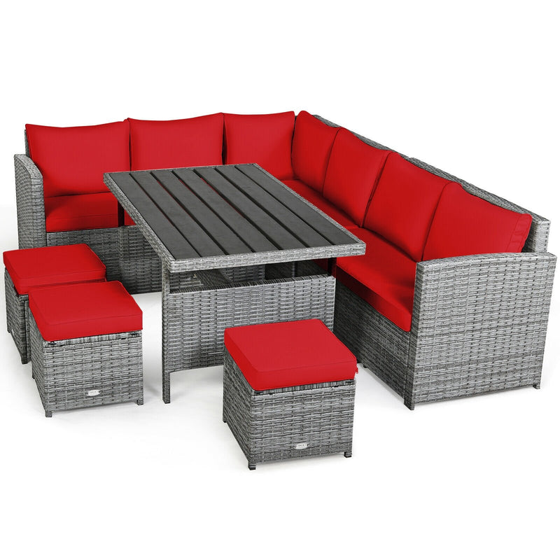 7 Pieces Patio Rattan Dining Furniture Sectional Sofa Set with Wicker Ottoman-Red