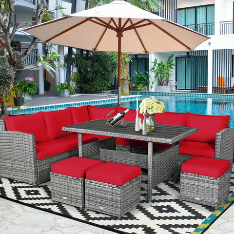 7 Pieces Patio Rattan Dining Furniture Sectional Sofa Set with Wicker Ottoman-Red