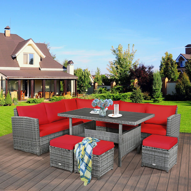 7 Pieces Patio Rattan Dining Furniture Sectional Sofa Set with Wicker Ottoman-Red