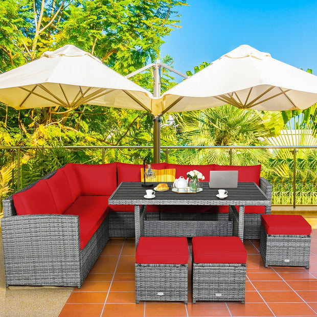 7 Pieces Patio Rattan Dining Furniture Sectional Sofa Set with Wicker Ottoman-Red