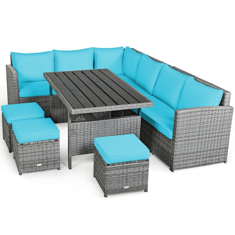 7 Pieces Patio Rattan Dining Furniture Sectional Sofa Set with Wicker Ottoman-Turquoise