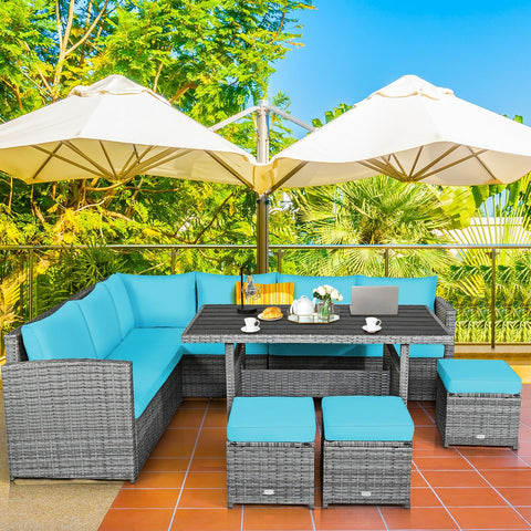 7 Pieces Patio Rattan Dining Furniture Sectional Sofa Set with Wicker Ottoman-Turquoise