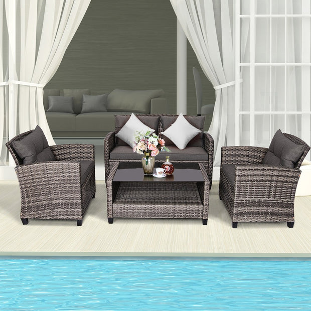 4 Pieces Patio Rattan Furniture Set Coffee Table Cushioned Sofa-Gray