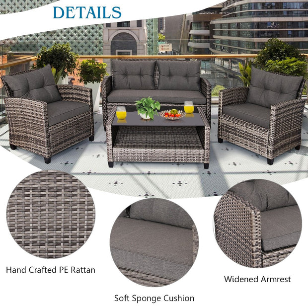 4 Pieces Patio Rattan Furniture Set Coffee Table Cushioned Sofa-Gray