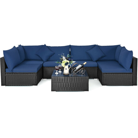 7 Pieces Outdoor Wicker Patio Sofa Set with 2 Pillows and Cushions-Navy