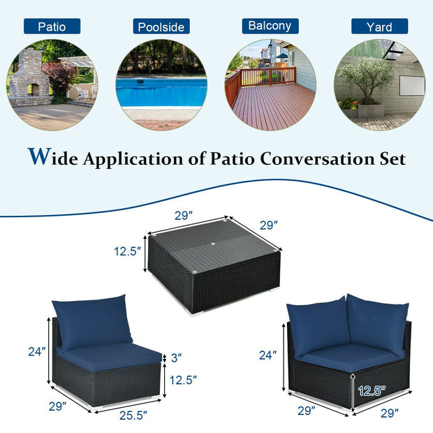 7 Pieces Outdoor Wicker Patio Sofa Set with 2 Pillows and Cushions-Navy