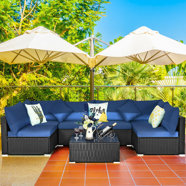 7 Pieces Outdoor Wicker Patio Sofa Set with 2 Pillows and Cushions-Navy