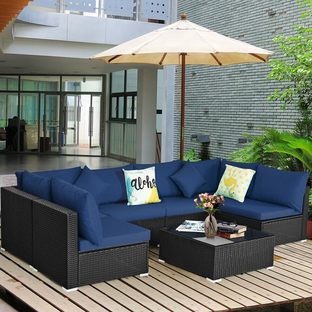 7 Pieces Outdoor Wicker Patio Sofa Set with 2 Pillows and Cushions-Navy